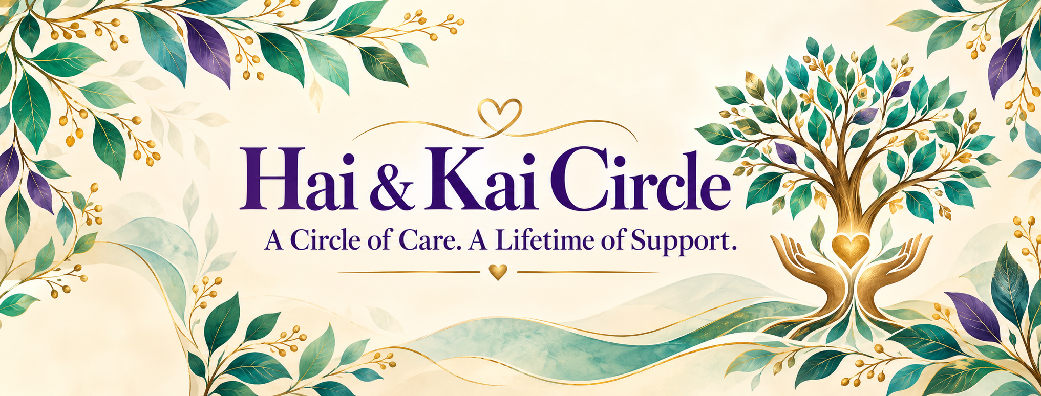 Hai & Kai Circle. A Circle of Care. A Lifetime of Support. A flourishing tree cradled by caring hands.